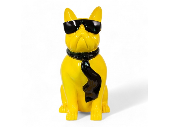 STATUE BOULEDOGUE FRANÇAIS EN RESINE ASSIS LUNETTES/CRAVATE JAUNE-NOIR 120 CM