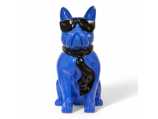 STATUE BOULEDOGUE FRANÇAIS EN RESINE ASSIS LUNETTES/CRAVATE BLEU-NOIR 120 CM