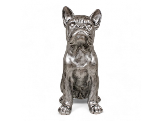 STATUE BOULEDOGUE FRANÇAIS EN RESINE ASSIS PATINÉ ARGENT 80 CM