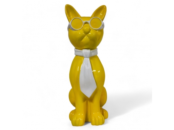 STATUE CHAT EN RESINE LUNETTES ET CRAVATE JAUNE / BLANC 80 CM
